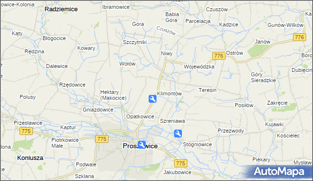 mapa Klimontów gmina Proszowice, Klimontów gmina Proszowice na mapie Targeo