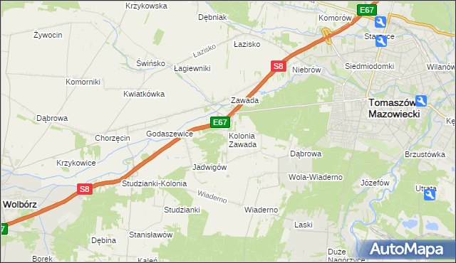 mapa Kolonia Zawada gmina Tomaszów Mazowiecki, Kolonia Zawada gmina Tomaszów Mazowiecki na mapie Targeo