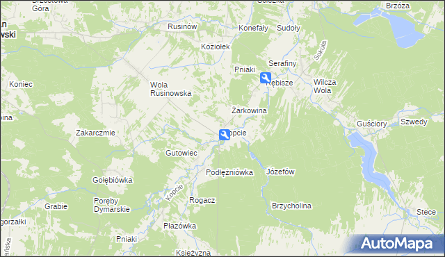 mapa Kopcie gmina Dzikowiec, Kopcie gmina Dzikowiec na mapie Targeo