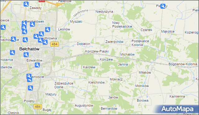 mapa Korczew gmina Bełchatów, Korczew gmina Bełchatów na mapie Targeo