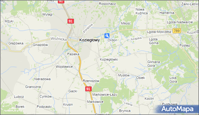 mapa Koziegłówki, Koziegłówki na mapie Targeo