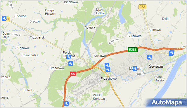 mapa Kozłowo gmina Świecie, Kozłowo gmina Świecie na mapie Targeo