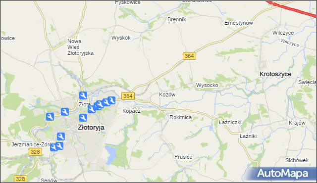 mapa Kozów gmina Złotoryja, Kozów gmina Złotoryja na mapie Targeo