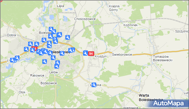 mapa Kruszyn gmina Bolesławiec, Kruszyn gmina Bolesławiec na mapie Targeo