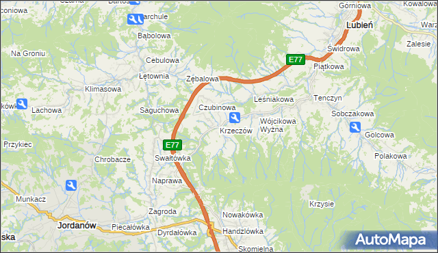 mapa Krzeczów gmina Lubień, Krzeczów gmina Lubień na mapie Targeo