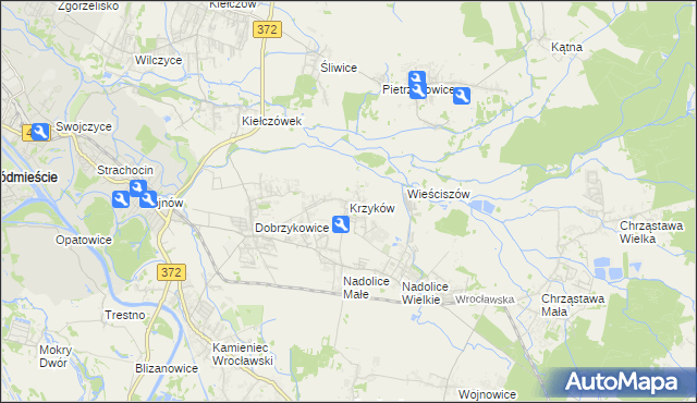 mapa Krzyków gmina Czernica, Krzyków gmina Czernica na mapie Targeo