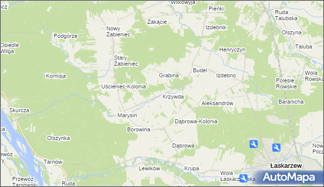 mapa Krzywda gmina Łaskarzew, Krzywda gmina Łaskarzew na mapie Targeo