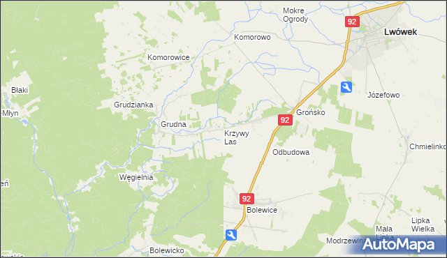 mapa Krzywy Las gmina Lwówek, Krzywy Las gmina Lwówek na mapie Targeo