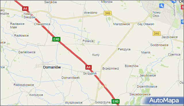mapa Kuny gmina Domaniów, Kuny gmina Domaniów na mapie Targeo