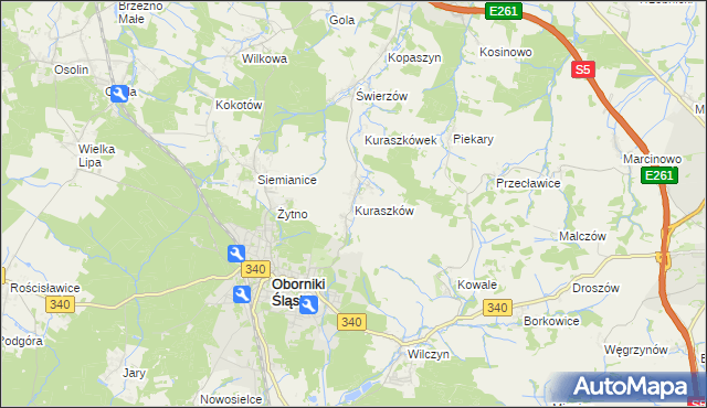 mapa Kuraszków gmina Oborniki Śląskie, Kuraszków gmina Oborniki Śląskie na mapie Targeo