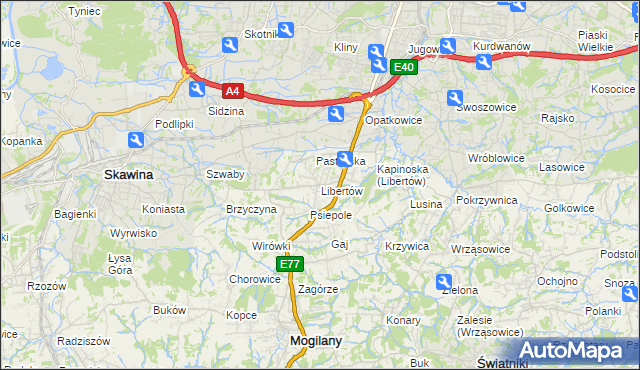 mapa Libertów gmina Mogilany, Libertów gmina Mogilany na mapie Targeo