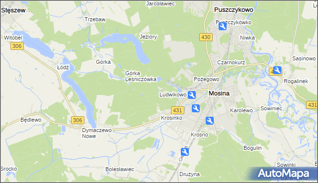 mapa Ludwikowo gmina Mosina, Ludwikowo gmina Mosina na mapie Targeo