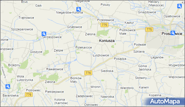 mapa Łyszkowice gmina Koniusza, Łyszkowice gmina Koniusza na mapie Targeo