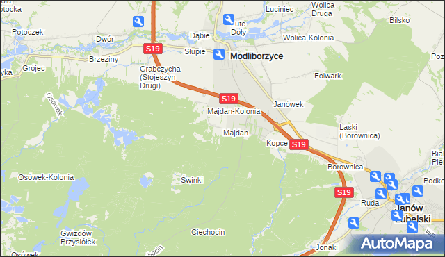 mapa Majdan gmina Modliborzyce, Majdan gmina Modliborzyce na mapie Targeo