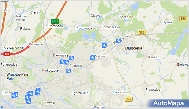 mapa Mirków gmina Długołęka, Mirków gmina Długołęka na mapie Targeo