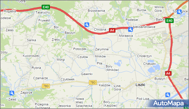 mapa Mników gmina Liszki, Mników gmina Liszki na mapie Targeo