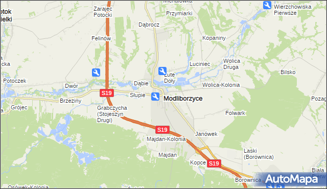 mapa Modliborzyce powiat janowski, Modliborzyce powiat janowski na mapie Targeo
