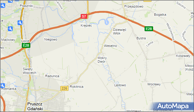 mapa Mokry Dwór gmina Pruszcz Gdański, Mokry Dwór gmina Pruszcz Gdański na mapie Targeo
