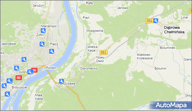 mapa Nowy Dwór gmina Dąbrowa Chełmińska, Nowy Dwór gmina Dąbrowa Chełmińska na mapie Targeo