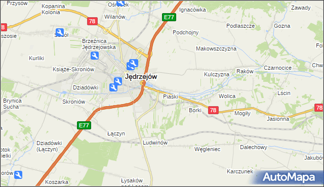 mapa Piaski gmina Jędrzejów, Piaski gmina Jędrzejów na mapie Targeo