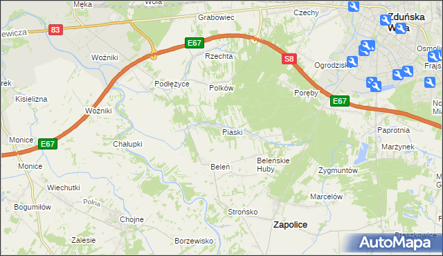 mapa Piaski gmina Zduńska Wola, Piaski gmina Zduńska Wola na mapie Targeo