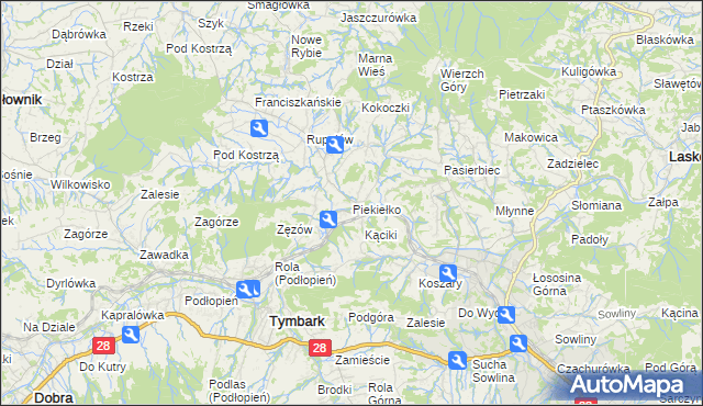 mapa Piekiełko gmina Tymbark, Piekiełko gmina Tymbark na mapie Targeo
