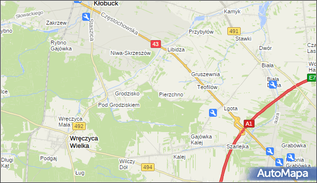 mapa Pierzchno gmina Wręczyca Wielka, Pierzchno gmina Wręczyca Wielka na mapie Targeo
