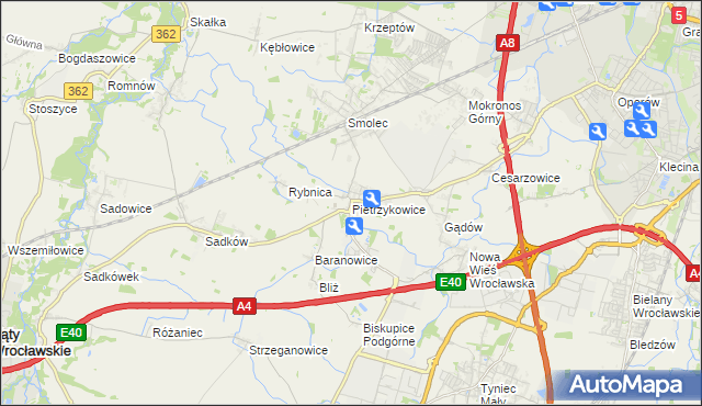 mapa Pietrzykowice gmina Kąty Wrocławskie, Pietrzykowice gmina Kąty Wrocławskie na mapie Targeo