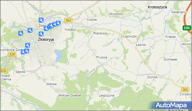 mapa Prusice gmina Złotoryja, Prusice gmina Złotoryja na mapie Targeo