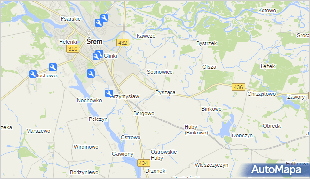 mapa Pysząca gmina Śrem, Pysząca gmina Śrem na mapie Targeo