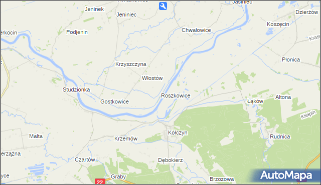 mapa Roszkowice gmina Bogdaniec, Roszkowice gmina Bogdaniec na mapie Targeo