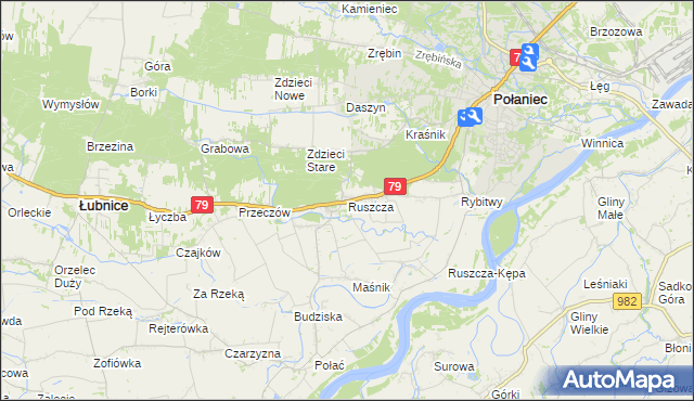 mapa Ruszcza gmina Połaniec, Ruszcza gmina Połaniec na mapie Targeo