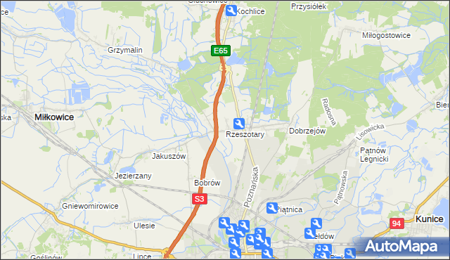 mapa Rzeszotary gmina Miłkowice, Rzeszotary gmina Miłkowice na mapie Targeo