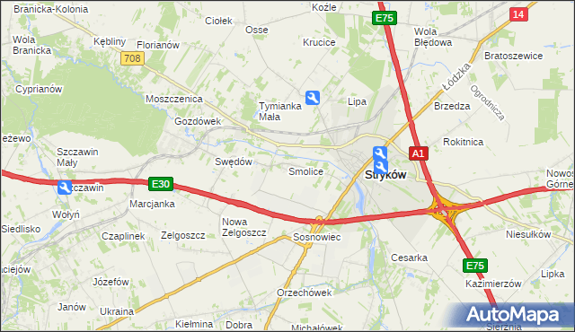 mapa Smolice gmina Stryków, Smolice gmina Stryków na mapie Targeo