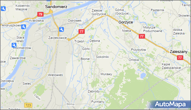 mapa Sokolniki gmina Gorzyce, Sokolniki gmina Gorzyce na mapie Targeo