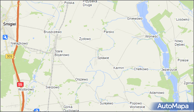 mapa Spławie gmina Śmigiel, Spławie gmina Śmigiel na mapie Targeo