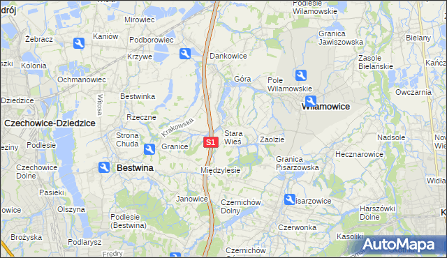 mapa Stara Wieś gmina Wilamowice, Stara Wieś gmina Wilamowice na mapie Targeo