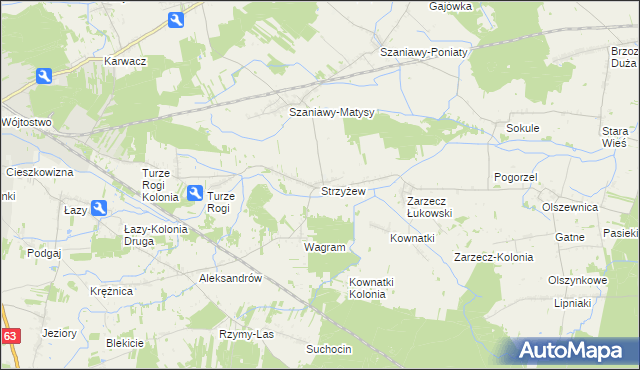 mapa Strzyżew gmina Łuków, Strzyżew gmina Łuków na mapie Targeo