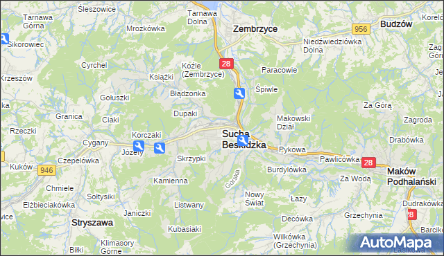 mapa Sucha Beskidzka, Sucha Beskidzka na mapie Targeo