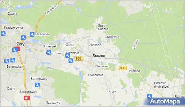 mapa Suszec powiat pszczyński, Suszec powiat pszczyński na mapie Targeo
