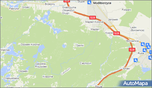 mapa Świnki gmina Modliborzyce, Świnki gmina Modliborzyce na mapie Targeo
