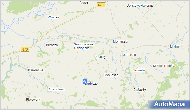 mapa Szaciły gmina Jaświły, Szaciły gmina Jaświły na mapie Targeo
