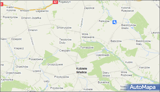 mapa Tomaszów gmina Kobiele Wielkie, Tomaszów gmina Kobiele Wielkie na mapie Targeo