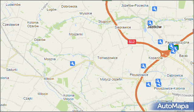 mapa Tomaszowice gmina Jastków, Tomaszowice gmina Jastków na mapie Targeo