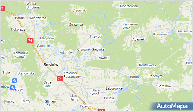 mapa Trawniki gmina Smyków, Trawniki gmina Smyków na mapie Targeo