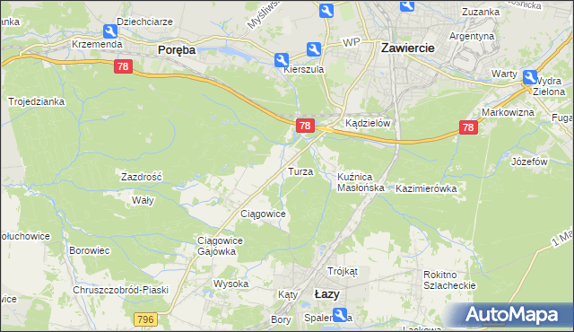 mapa Turza gmina Łazy, Turza gmina Łazy na mapie Targeo