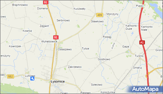 mapa Tylice gmina Łysomice, Tylice gmina Łysomice na mapie Targeo