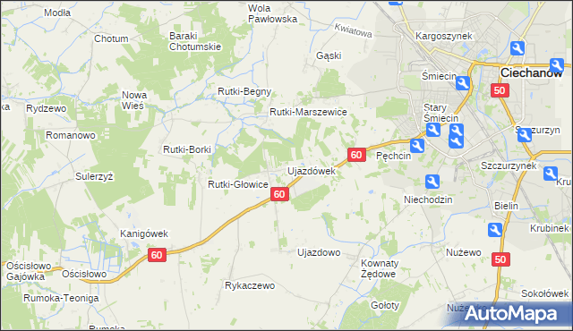 mapa Ujazdówek gmina Ciechanów, Ujazdówek gmina Ciechanów na mapie Targeo