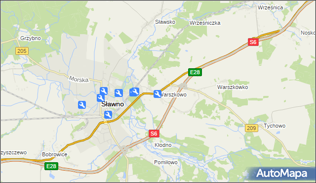 mapa Warszkowo gmina Sławno, Warszkowo gmina Sławno na mapie Targeo