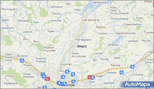 mapa Wieprz powiat wadowicki, Wieprz powiat wadowicki na mapie Targeo